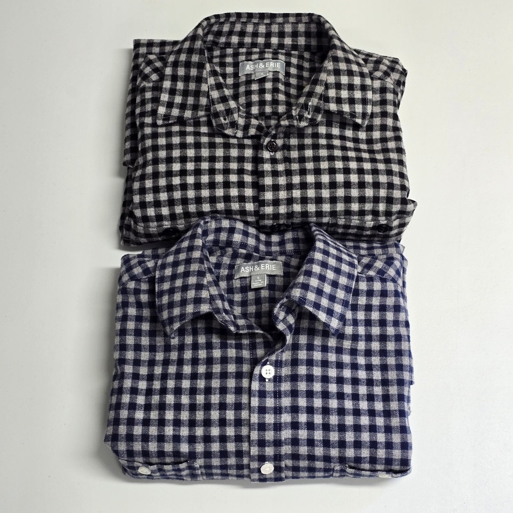 Ash & Erie Button Front Shirt‎ Men's S Navy Black Gingham Flannel Lot of 2